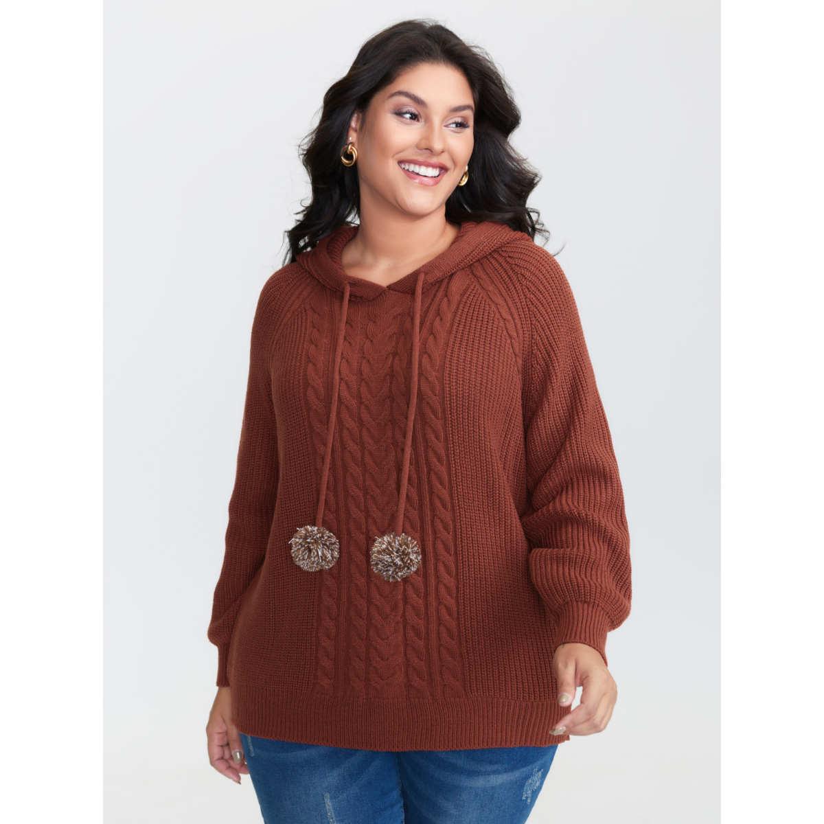 Plus Size Cableknit Raglan Sleeve Hooded Pullover Yellowishbrown Women Playful Loose Long Sleeve Hooded Casual Pullovers BloomChic 30/6X Product Image