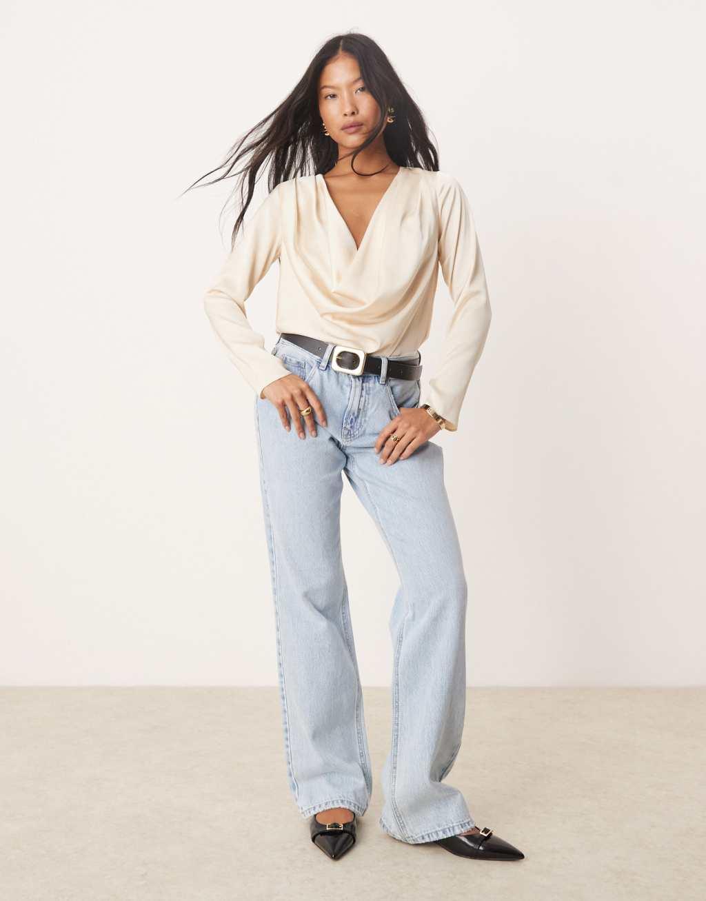 ASOS DESIGN Petite satin cowl bodysuit in cream Product Image