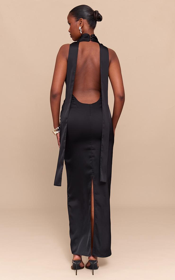 Black Satin Cowl Neck Drape Maxi Dress Product Image