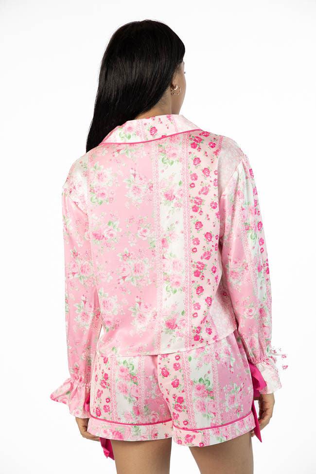 Dont Wake Me Up Pink Multi Floral Long Sleeve Satin Pajama Top FINAL SALE Girls Product Image