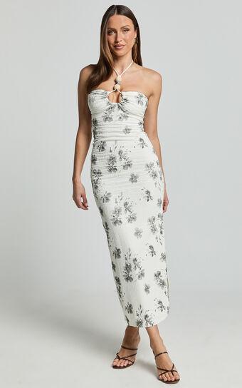 Evaline Midi Dress - Halter Neck Cut Out Front Slip Dress in Black and White Floral Product Image