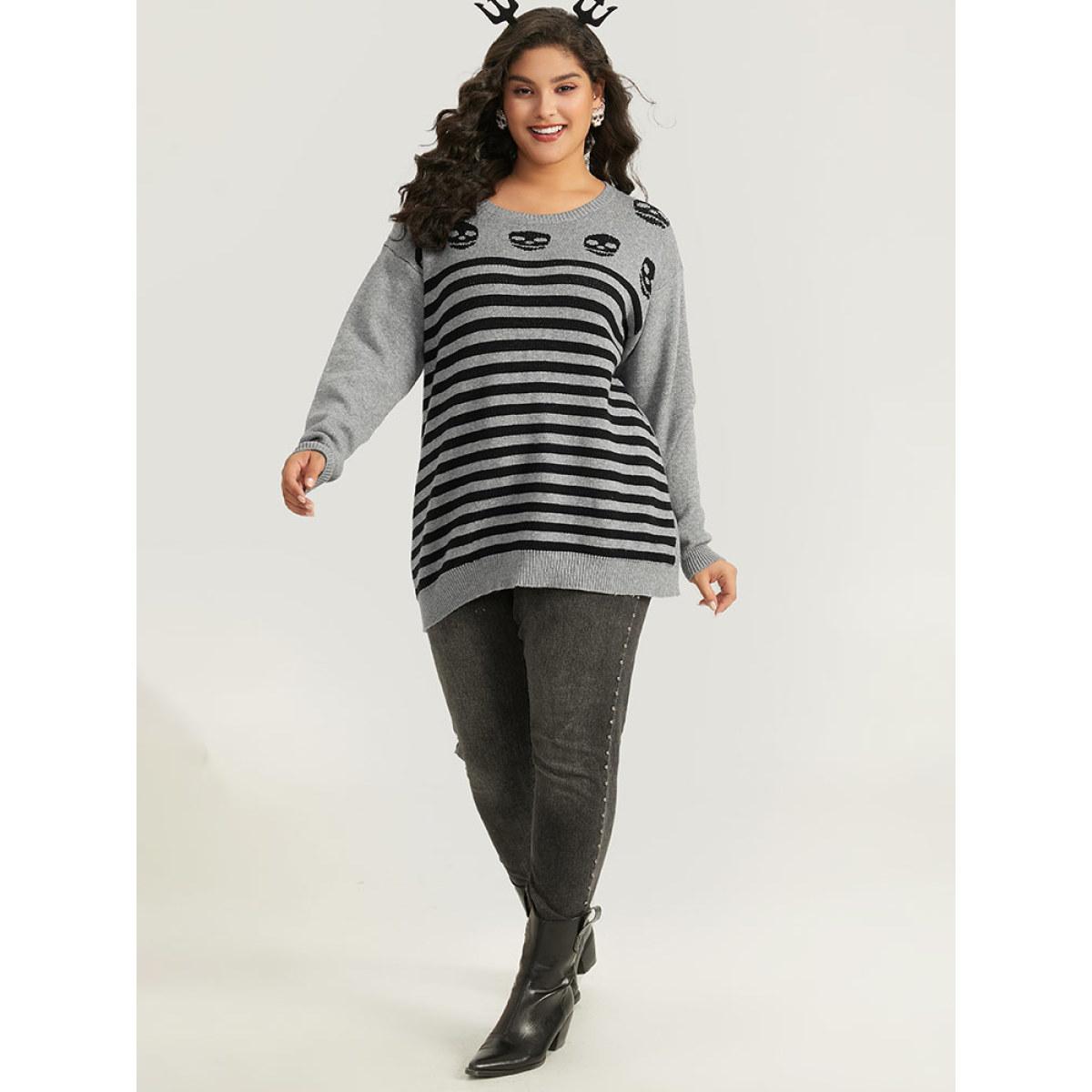 Plus Size Halloween Supersoft Essentials Skull Print Striped Round Neck Pullover DarkGray Women Casual Long Sleeve Round Neck Festival-Halloween Pullovers BloomChic 26/4X Product Image