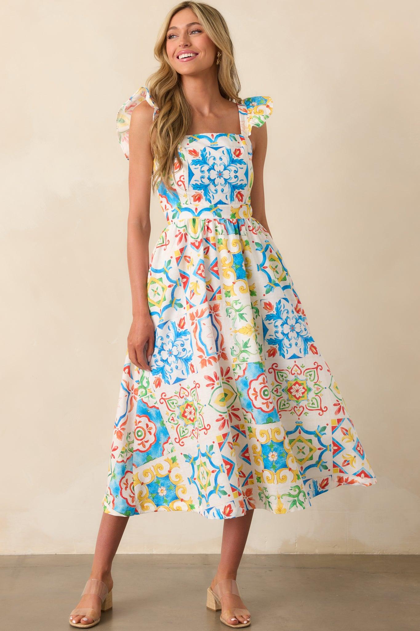 Prosperina Nicola Blue Multi Sicilian Tile Print Linen Ruffle Midi Dress Product Image