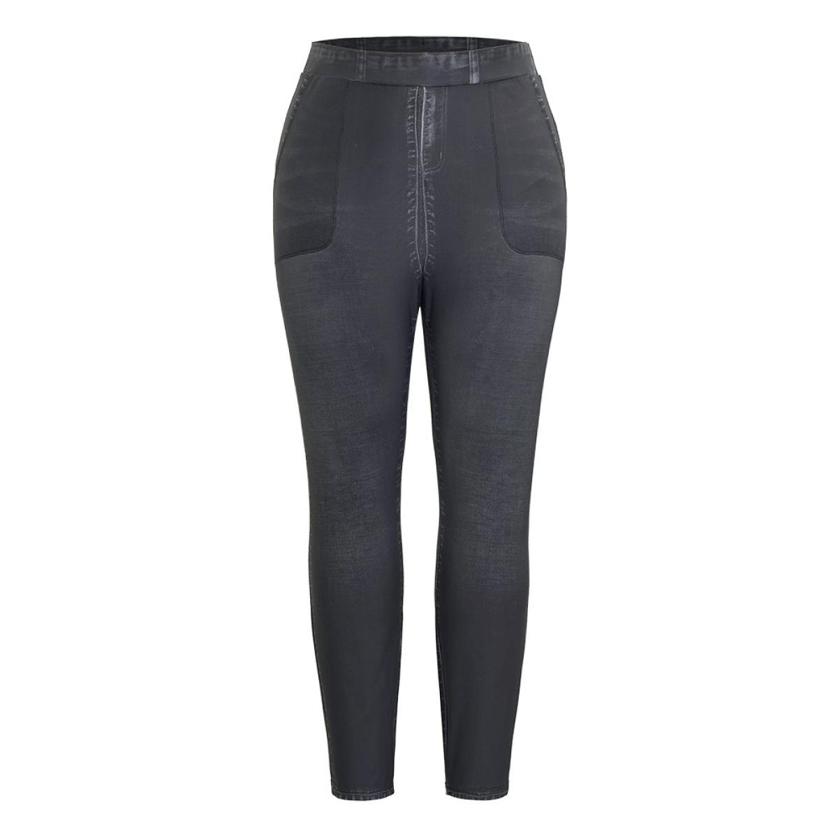 Plus Size Denim Effect Print Pocket Leggings Women Black Casual High stretch Skinny High Rise Dailywear Leggings BloomChic 28/5X Product Image