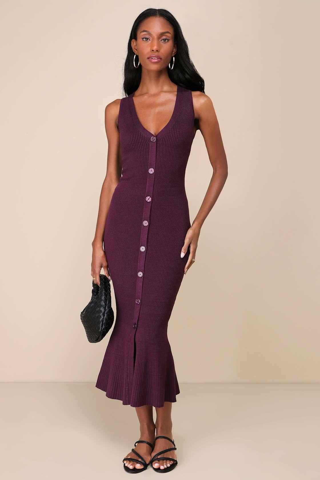 Posh Intent Purple Ribbed Button-Front Sweater Dress Product Image
