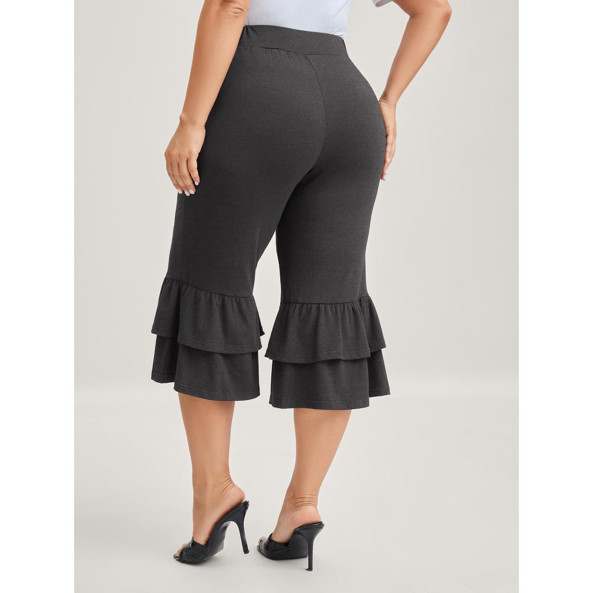 Plus Size Layered Ruffled Flare Hem Pants Women Black Romantic Bodycon Mid Rise Elegant Pants BloomChic 28/5X Product Image