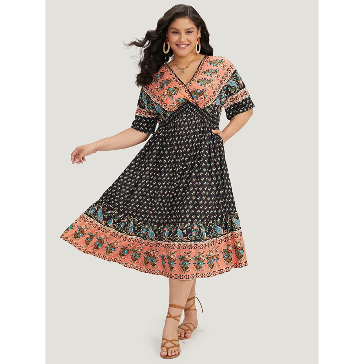 Plus Size Bandana Print Wrap Shirred Batwing Sleeve Dress DarkBlue Women Vacation Printed V-neck Short sleeve Curvy Midi Dress BloomChic 10/M Product Image