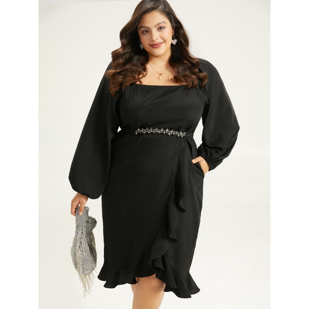 Plus Size Anti-Wrinkle Square Neck Ruffle Trim Wrap Hem Dress Black Women Glamour Elastic cuffs Square Neck Long Sleeve Curvy Midi Dress BloomChic 30/6X Product Image