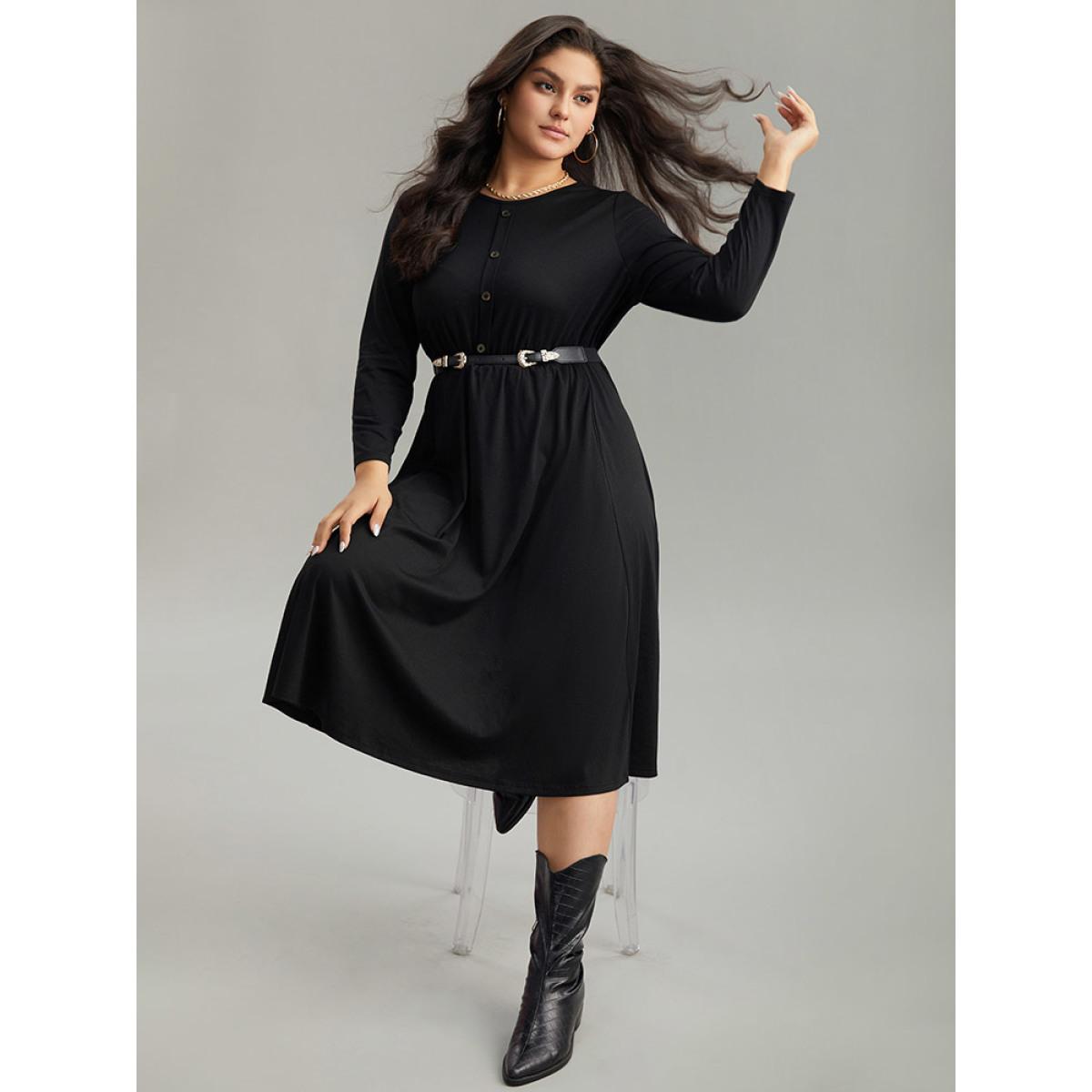 Plus Size Supersoft Essentials Solid Button Detail Dress Black Women Casual Plain Round Neck Long Sleeve Curvy Midi Dress BloomChic 14-16/1X Product Image