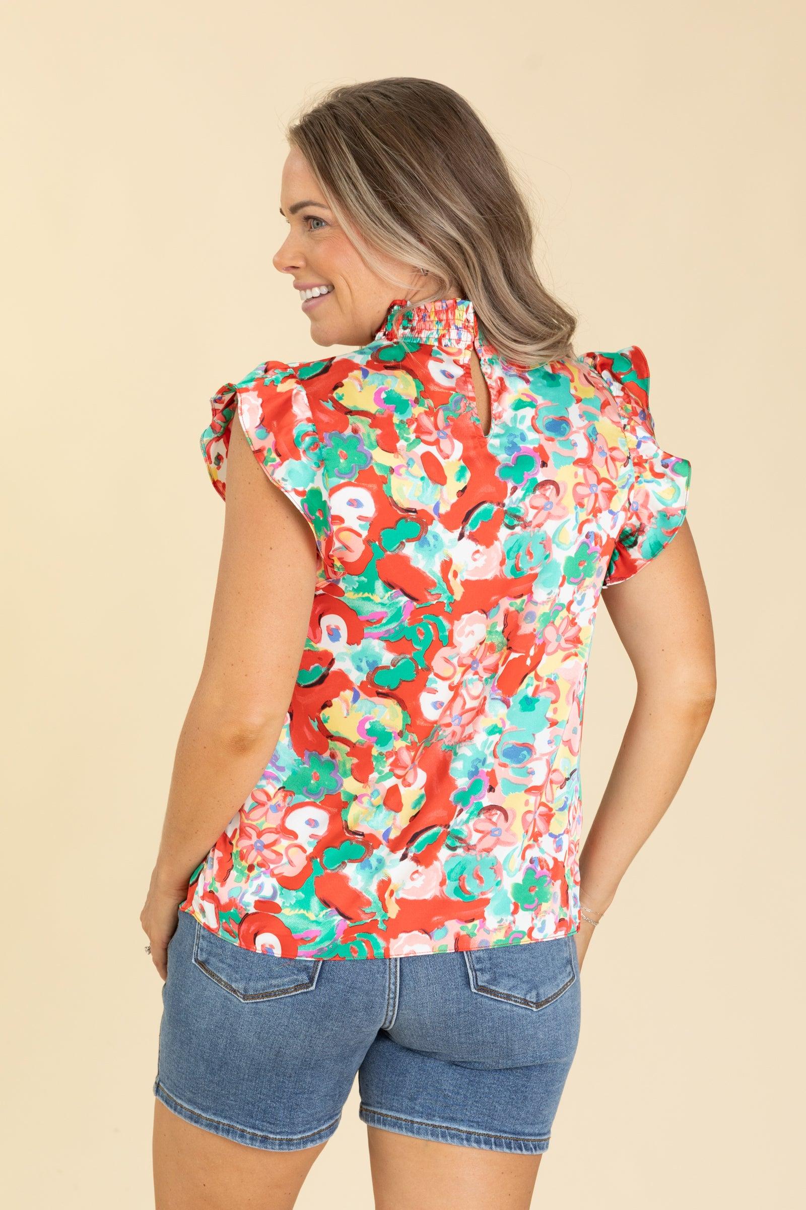 Red Mock Neck Floral Printed Woven Top Product Image
