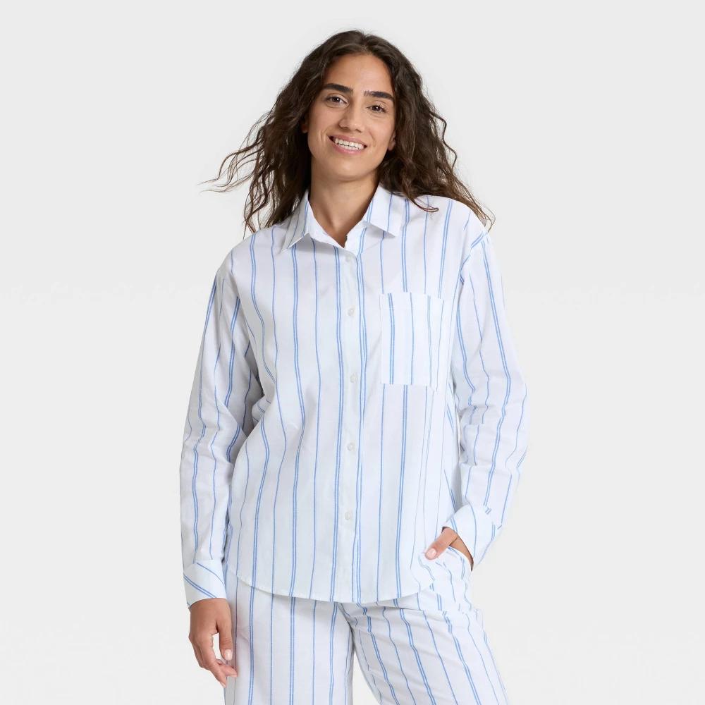 Women's Striped Cotton Blend Long Sleeve Pajama Shirt - Auden™ White 2X Product Image