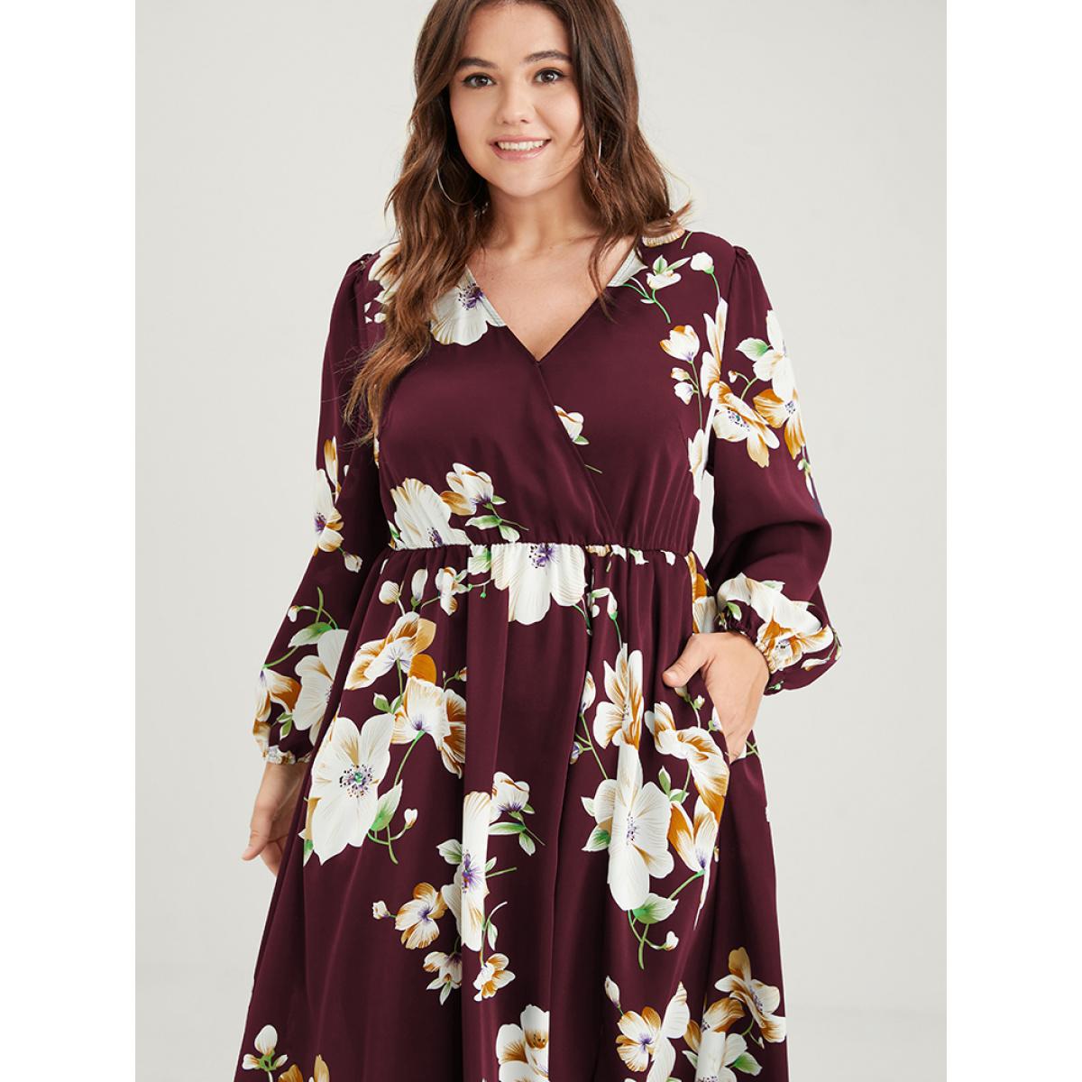 Plus Size Bloom Dress - Floral Lantern Sleeve Pocket Split Surplice Neck Flutter Maxi Dress Burgundy Women Elegant Printed V-neck Long Sleeve Curvy Long Dress BloomChic 22-24/3X Product Image