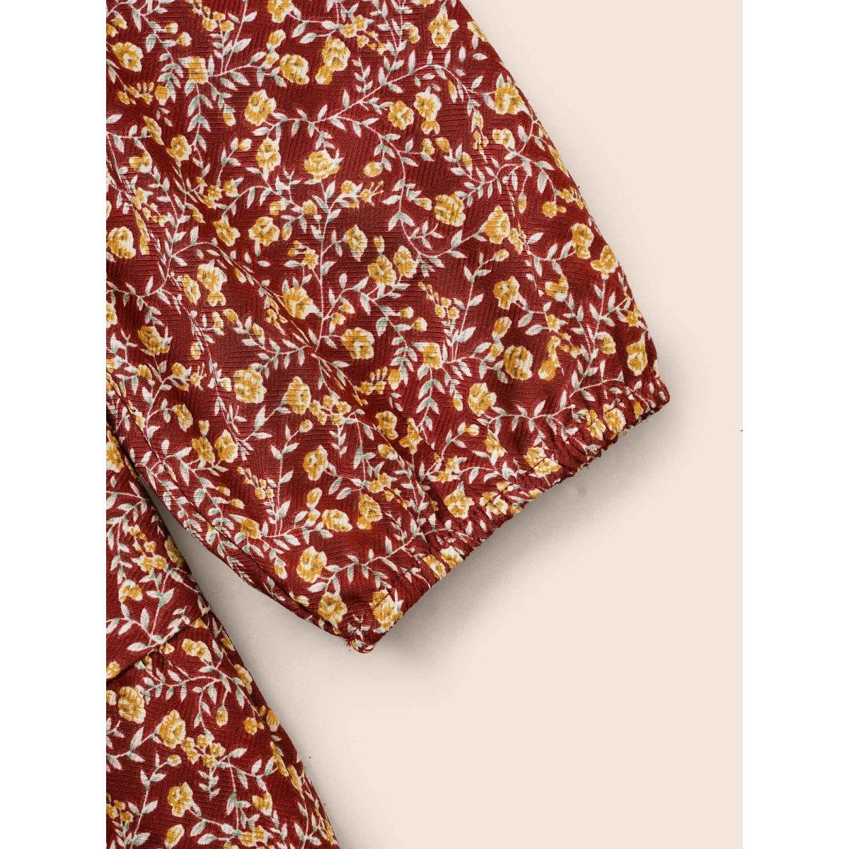 Plus Size Ditsy Floral Shirred Frill Trim Dress Burgundy Women Elegant Frill Trim Mock Neck Long Sleeve Curvy BloomChic 26/4X Product Image