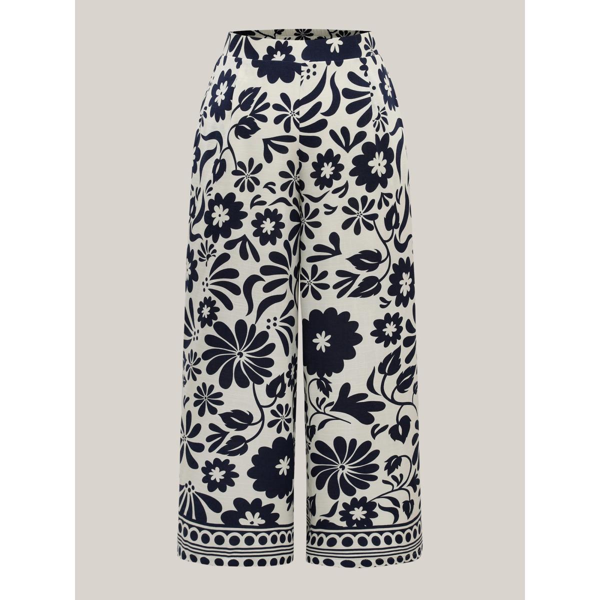 Plus Size Floral Print Wide-Leg Pants Women Indigo Timeless Wide Leg Mid Rise Elegant Pants BloomChic 28/5X Product Image