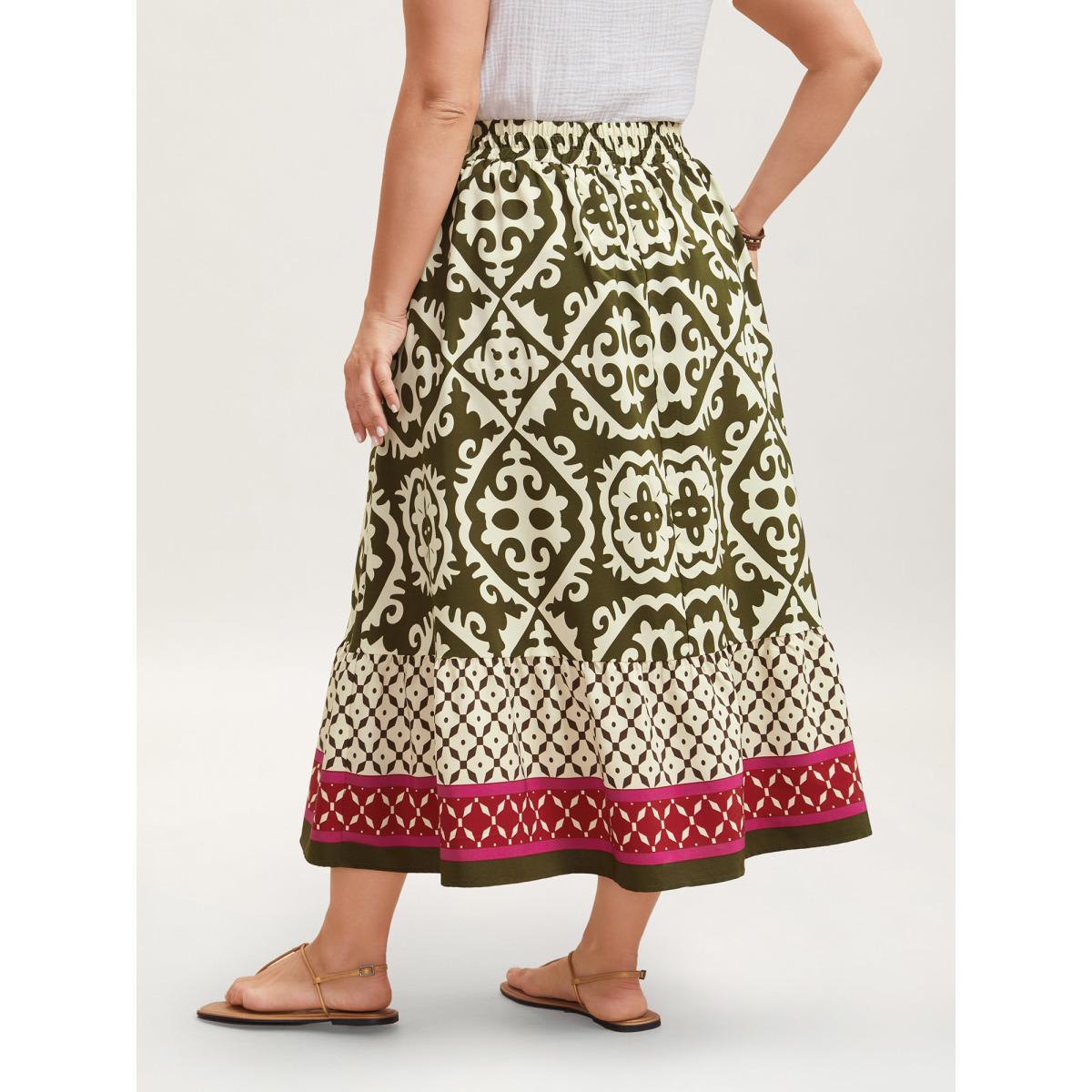 Plus Size Mixed Ornate Print Contrast Maxi Skirt Women Moss Resort Contrast Loose No stretch Slanted pocket Vacation Skirts BloomChic 14-16/1X Product Image