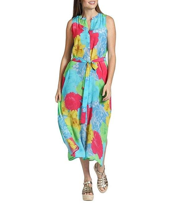 APNY Woven Floral Print Mandarin Collar Sleeveless Belted Shirt Midi Dress Product Image