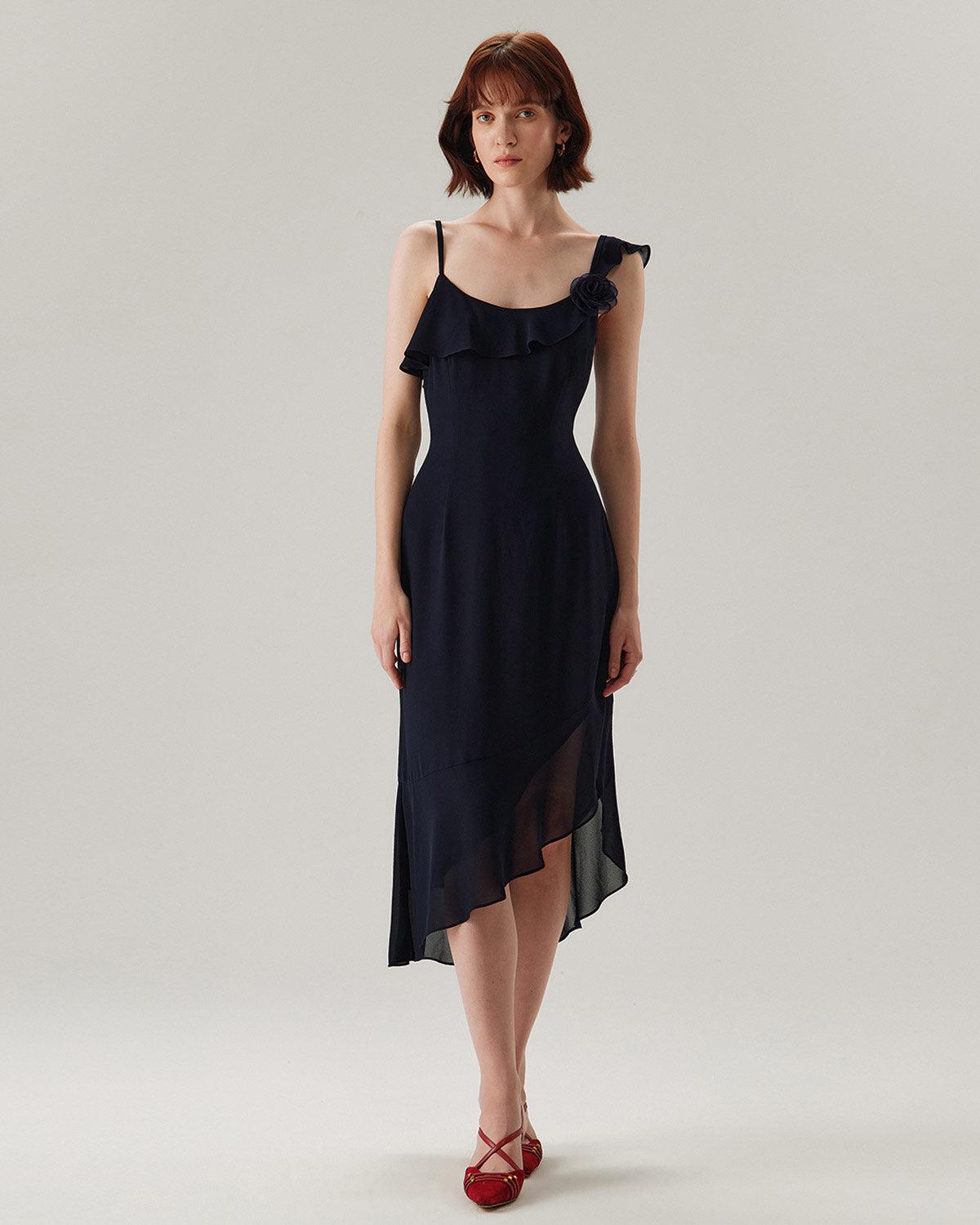Blue Chiffon Ruffle Slip Midi Dress Product Image