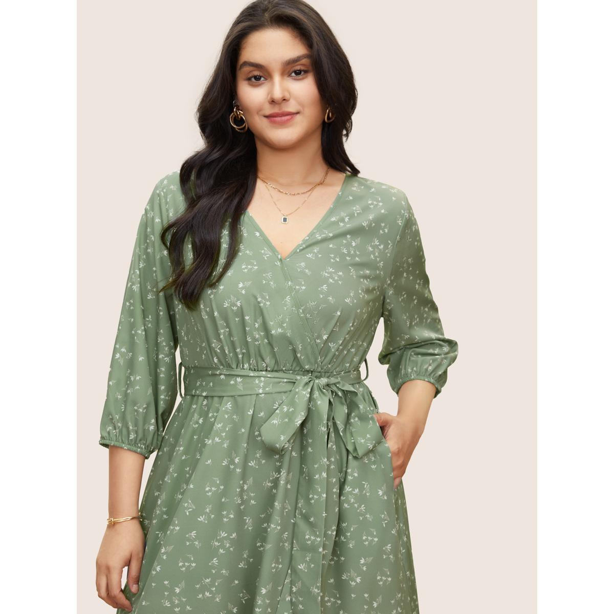 Plus Size Ditsy Floral Belted Surplice Neck Gathered Dress Mint Women Elegant Non Overlap Collar Elbow-length sleeve Curvy Midi Dress BloomChic 14-16/1X Product Image