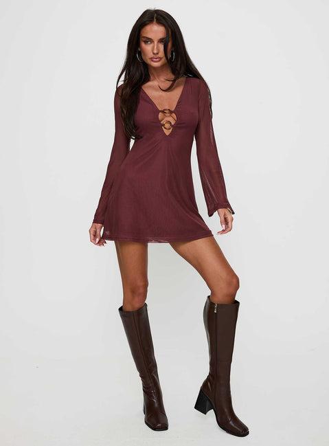 Artique Long Sleeve Mini Dress Brown Product Image