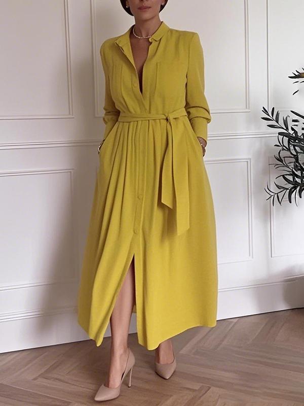 A-Line Long Sleeves Buttoned Pleated Pockets Solid Color Tied Waist V-Neck Maxi Dresses Product Image