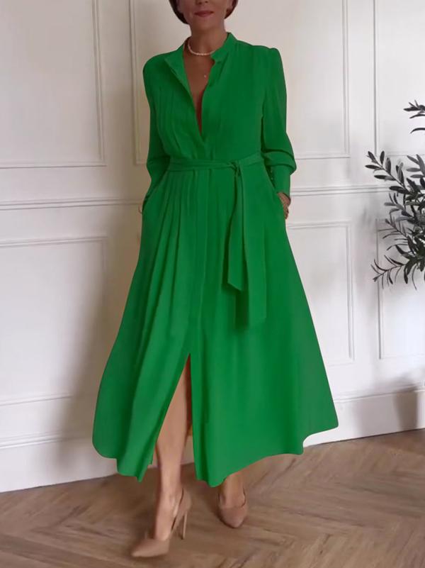 A-Line Long Sleeves Buttoned Pleated Pockets Solid Color Tied Waist V-Neck Maxi Dresses Product Image