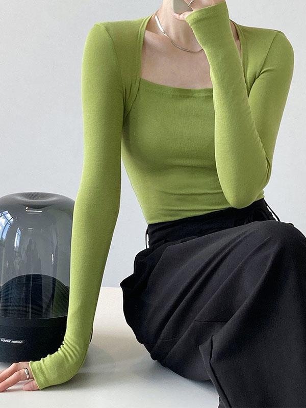 Long Sleeves Skinny Solid Color Square-Neck T-Shirts Tops Product Image