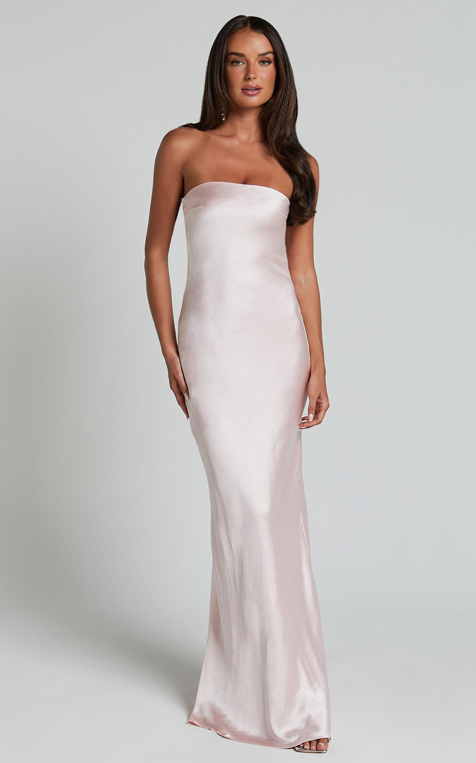 Charlita Maxi Dress - Strapless Cowl Back Satin Dress in Pale Pink Product Image