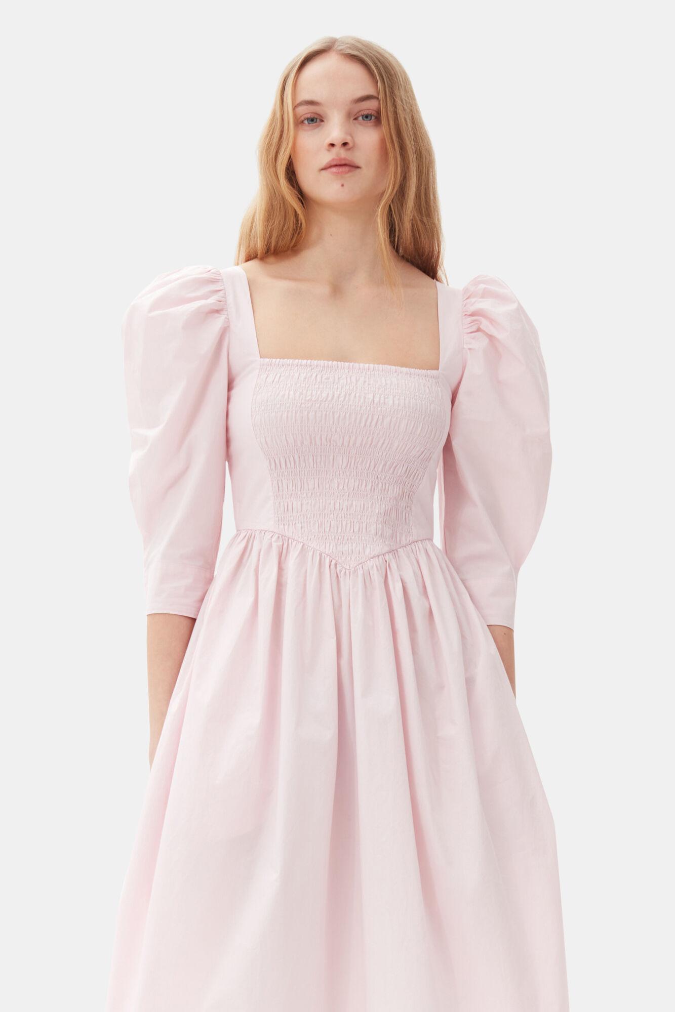 Pink Cotton Poplin Open Neck Smock Dress Product Image