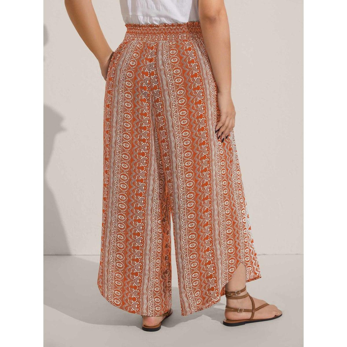 Plus Size Boho Print Shirred Waist Wide-Leg Pants Women Yellowishbrown Boho Wide Leg Mid Rise Vacation Pants BloomChic 22-24/3X Product Image