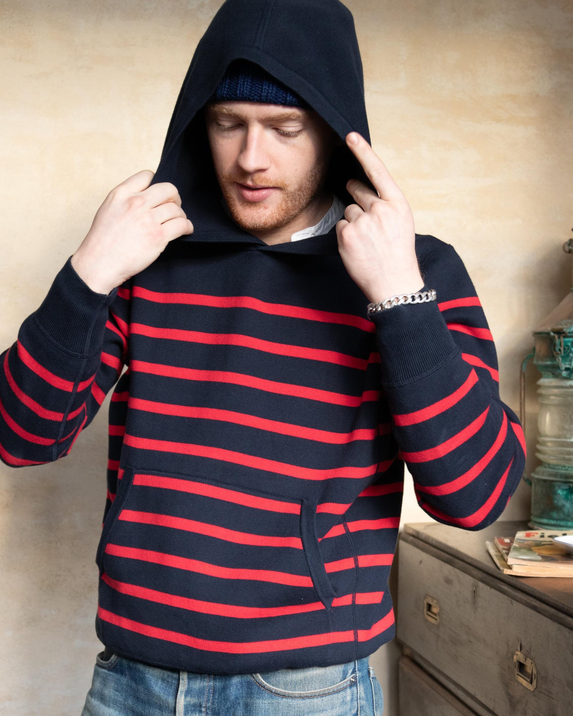 Wharf Knit Hoodie in Navy/Burgundy Stripe Product Image
