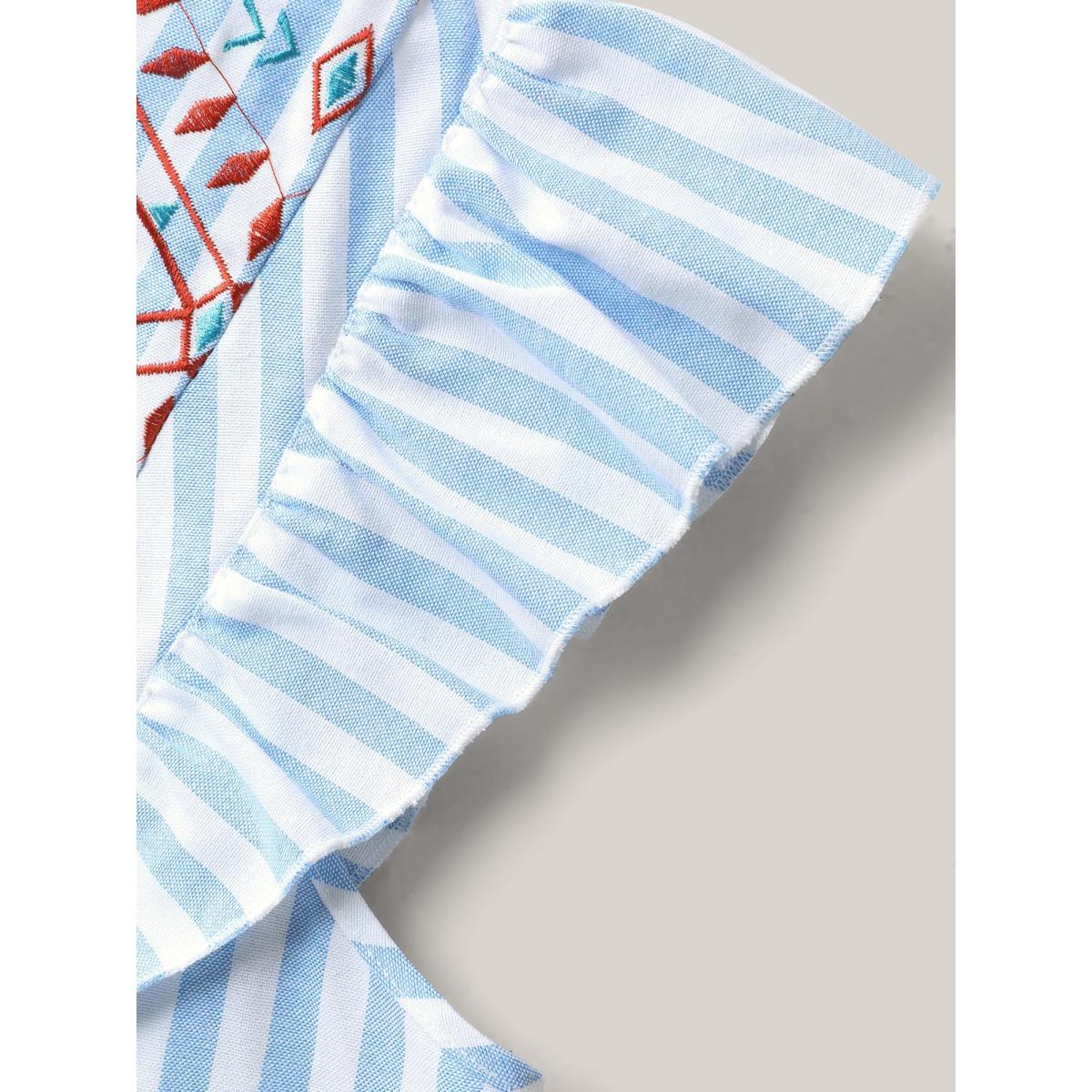 Plus Size Skyblue Embroidered Stripe Neck Tie Blouse Women Boho Cap Sleeve Notched collar Vacation Blouses BloomChic 22-24/3X Product Image