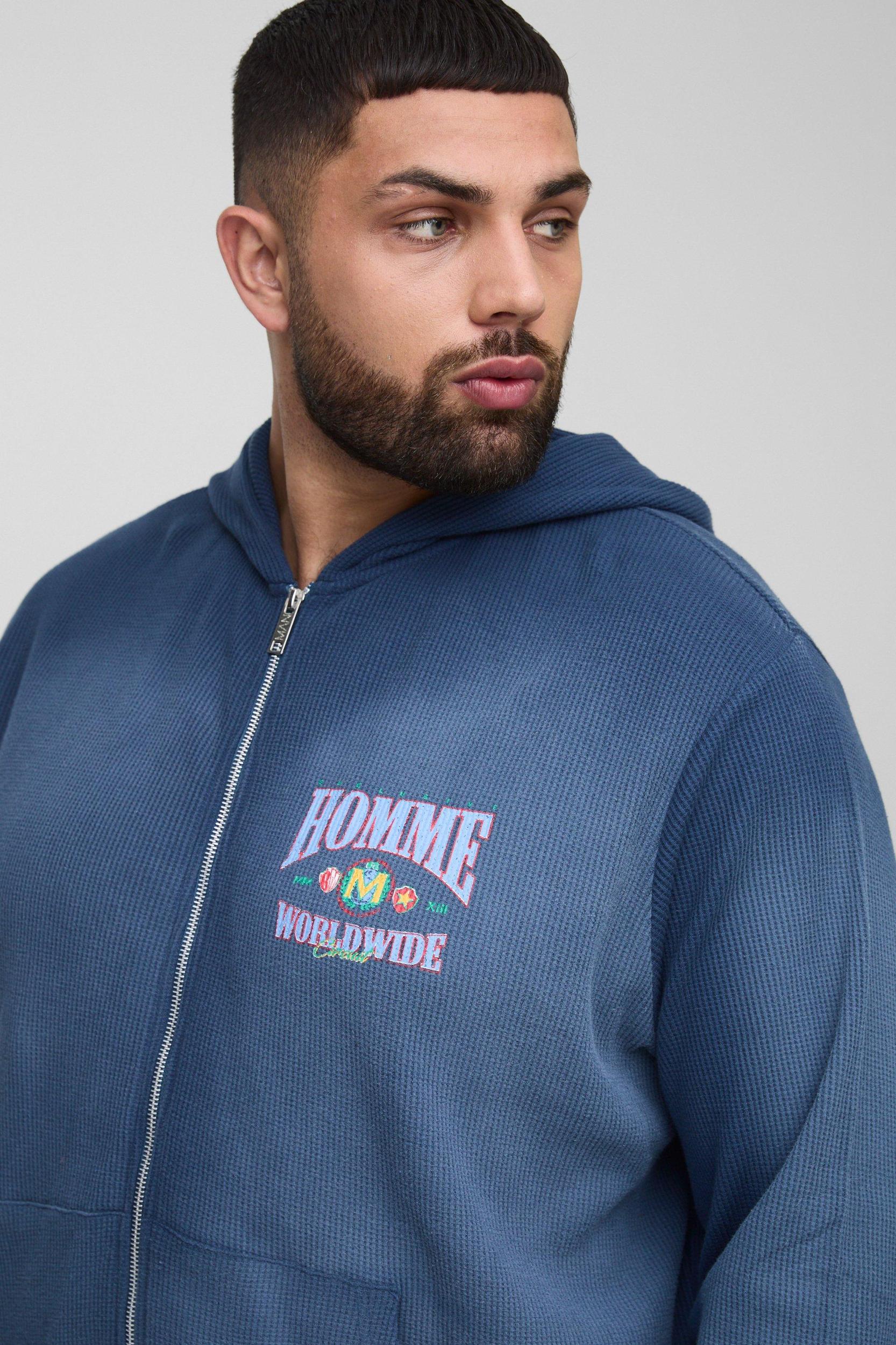 Plus Spray Wash Waffle Graphic Zip Up Hoodie | boohooMAN USA Product Image