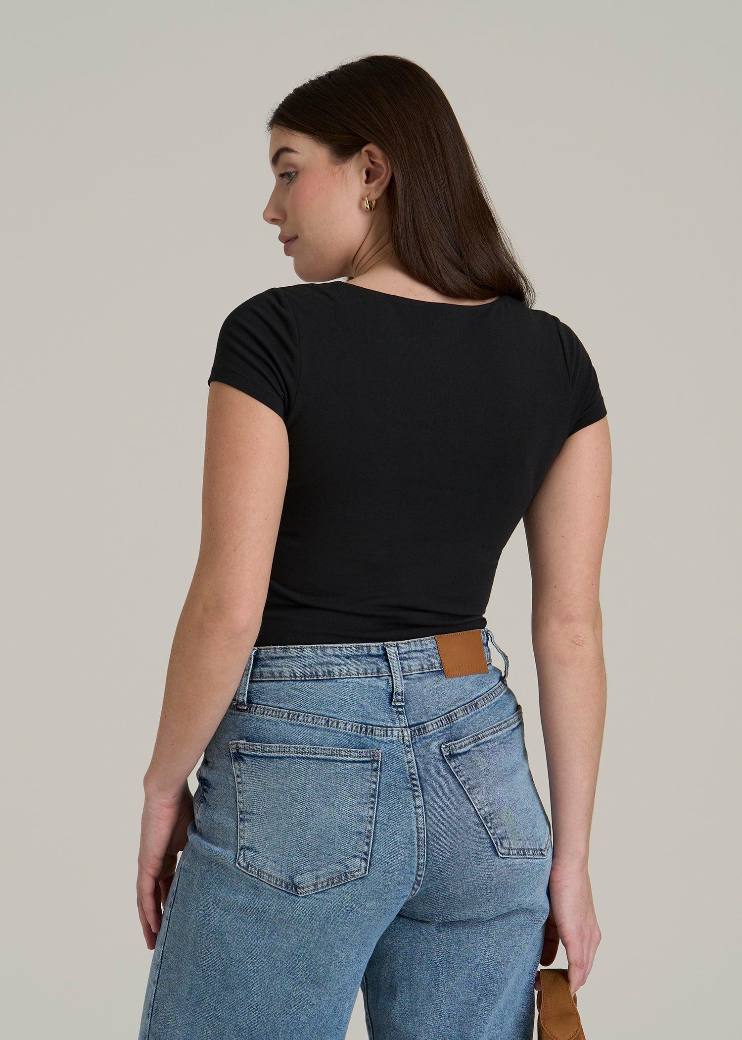 Cotton Blend Short Sleeve Square Neck Bodysuit for Tall Women in Black Female Product Image