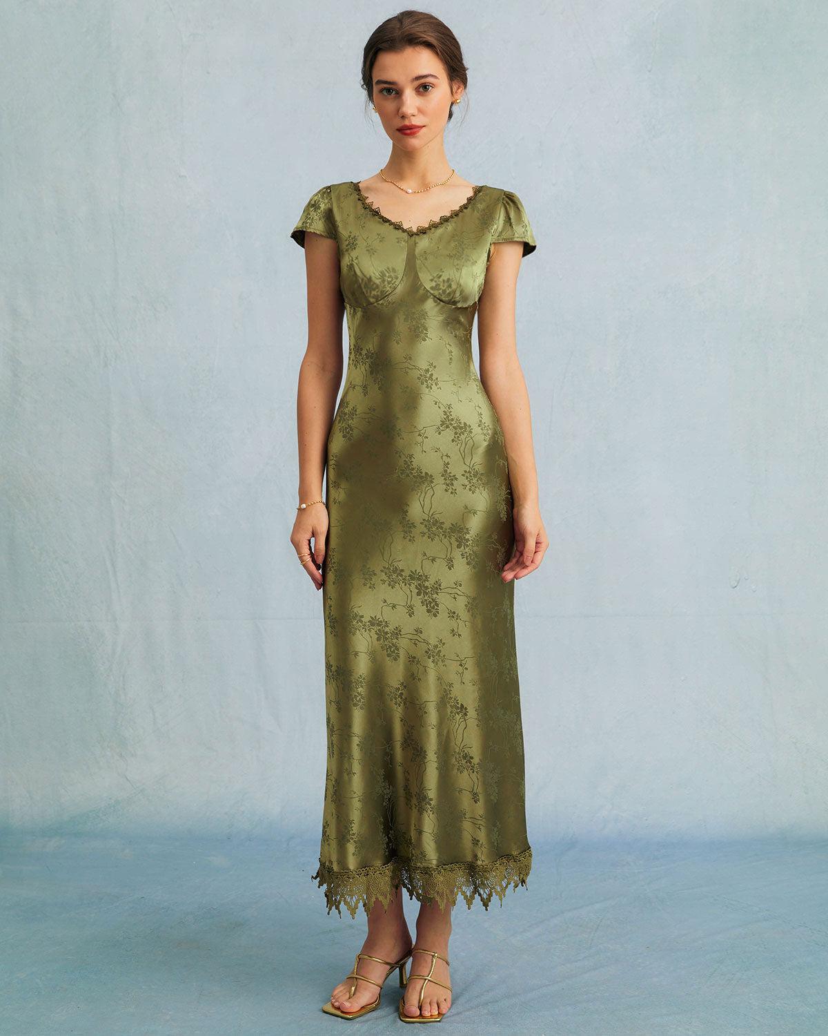 The Green Jacquard Cap Sleeve Satin Midi Dress Product Image