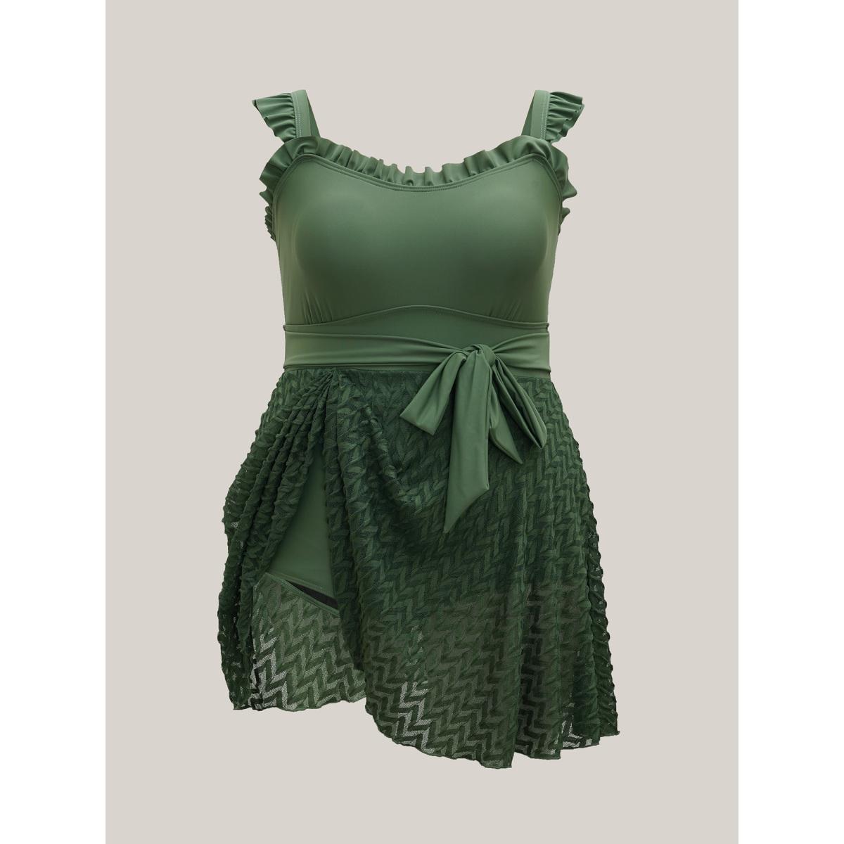 Plus Size Frill Trim Belted Fit Flare Swim Dress Women's Swimwear Moss Resort Bodycon Heart neckline High stretch Curve Swim Dresses BloomChic 30/6X Product Image