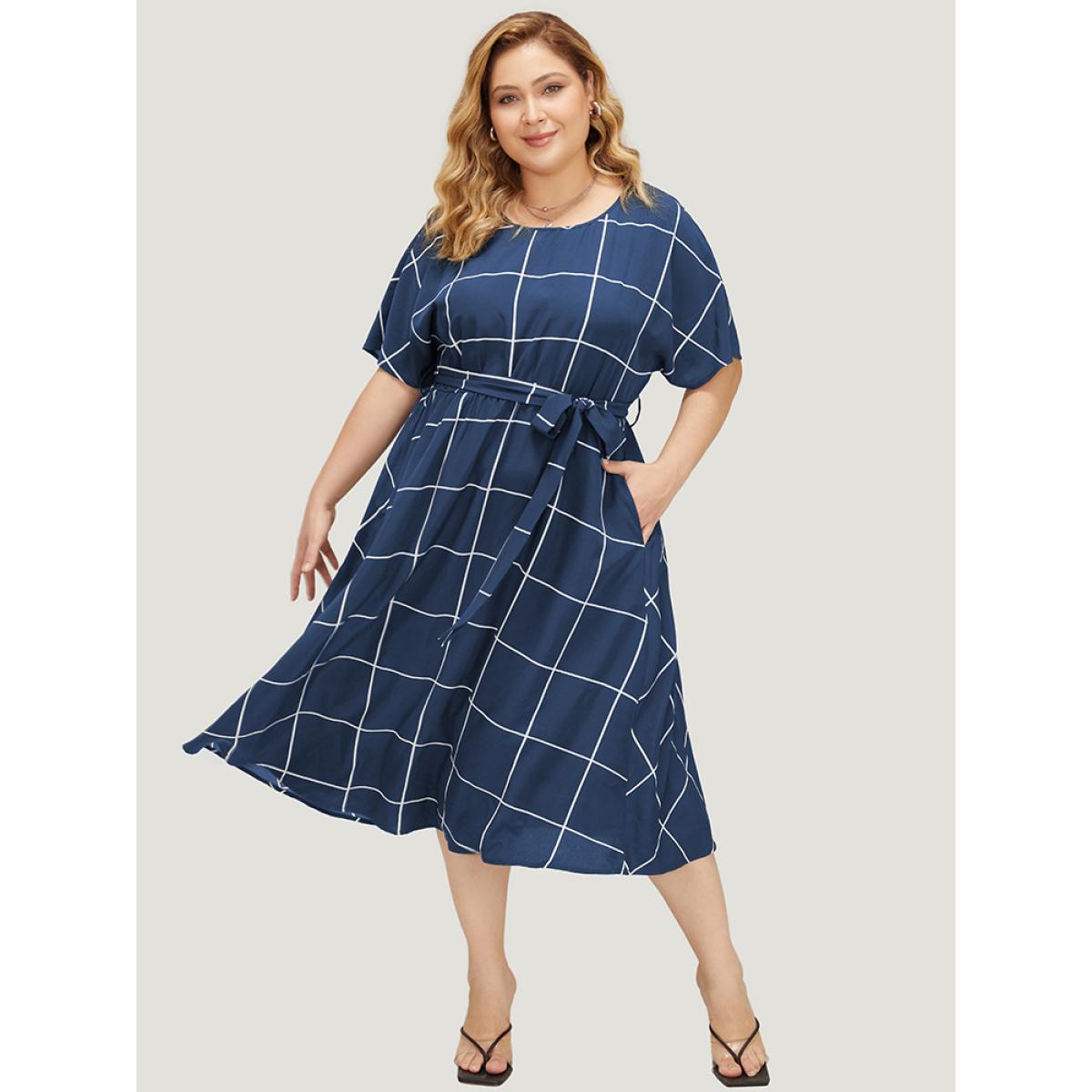 Plus Size Plaid Print Pocket Belted Ruffle Hem Dolman Sleeve Dress DarkBlue Women Office Cross straps Round Neck Short sleeve Curvy Midi Dress BloomChic 12/L Product Image