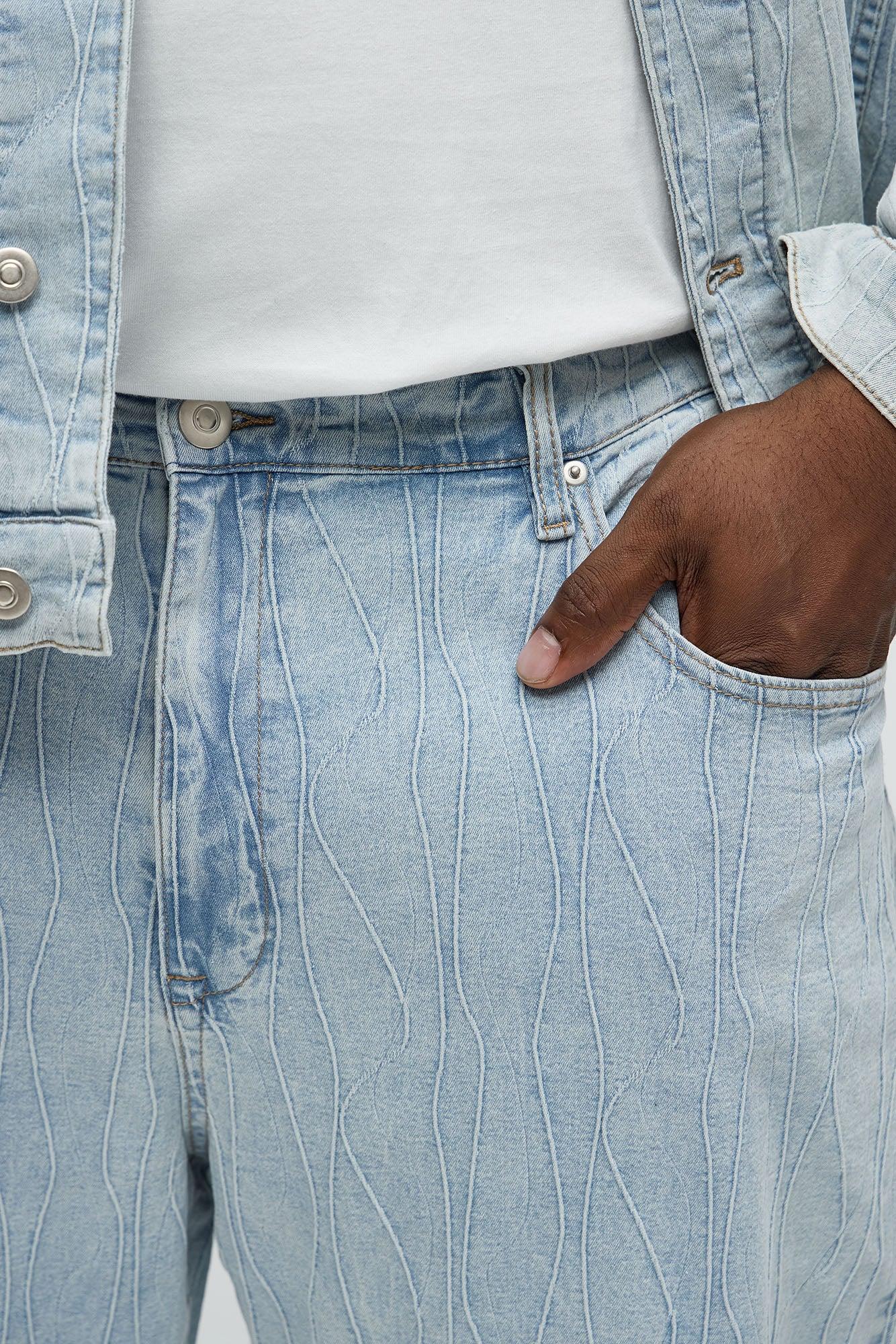 Wavy Jacquard Straight Jeans - Light Blue Wash Product Image