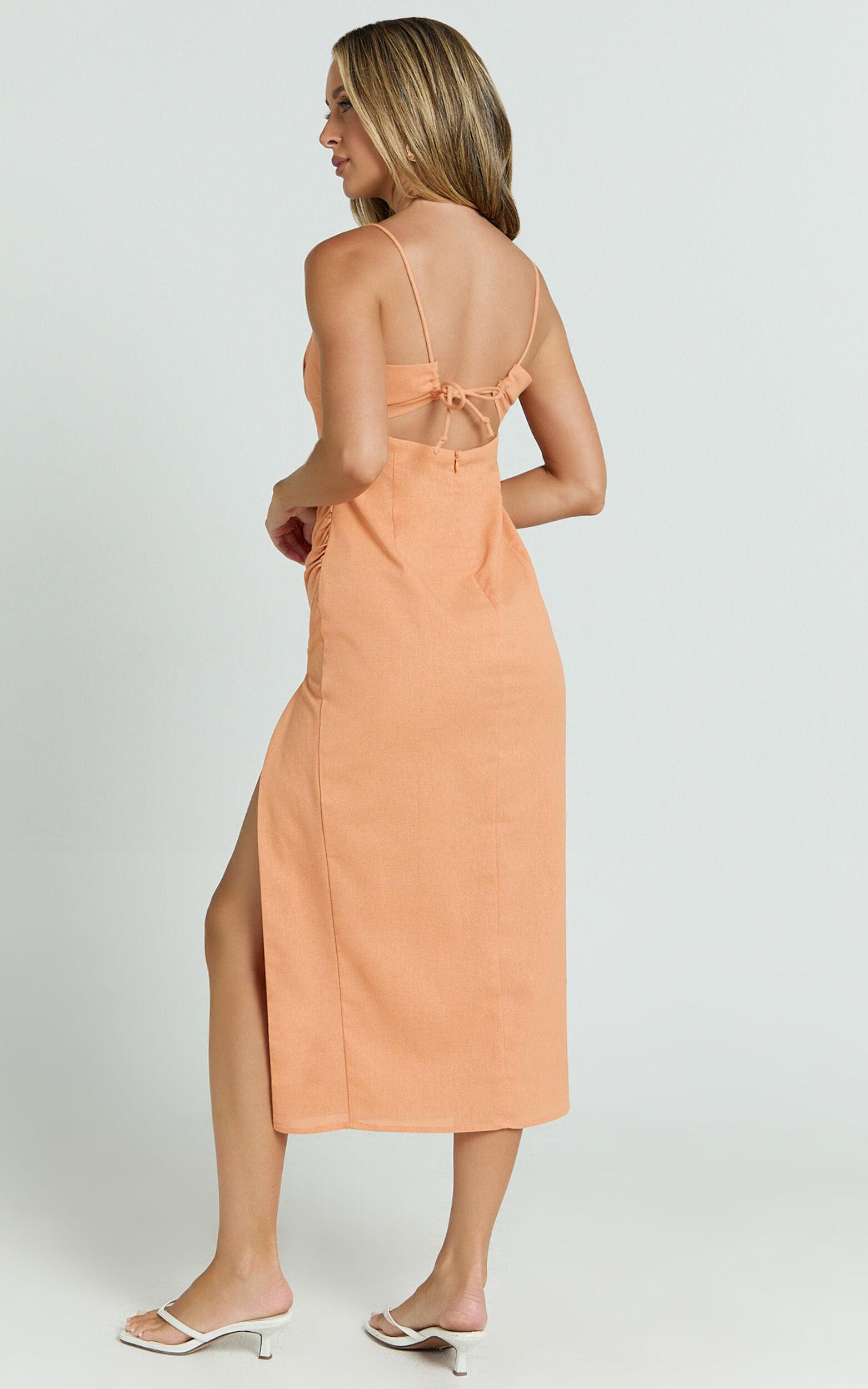 Frederica Midi Linen Blend Dress - Gathered Sweetheart Tie Back Front Split Dress in Orange Product Image