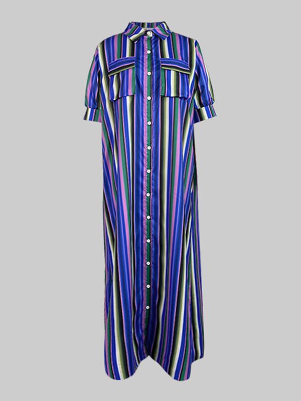 Long Sleeves Loose Split-Joint Striped Lapel Maxi Dresses Shirt Dress Product Image