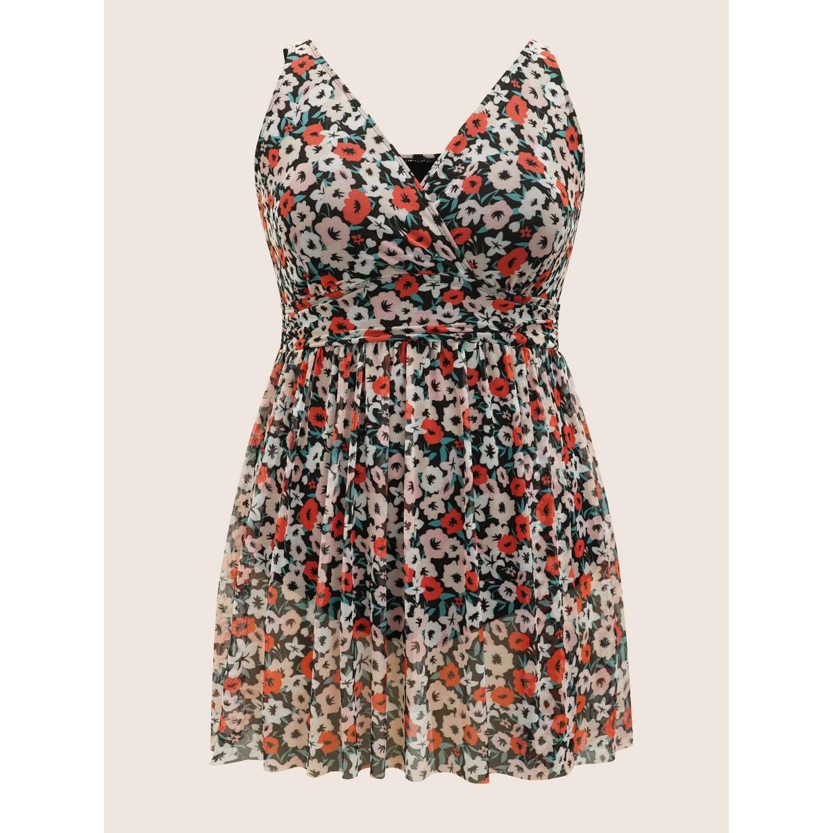 Plus Size Natural Flowers Mesh Slit Hem Gathered Swim Dress Women's Swimwear Multicolor Beach Bodycon Overlap Collar High stretch Curve Swim Dresses BloomChic 22-24/3X Product Image