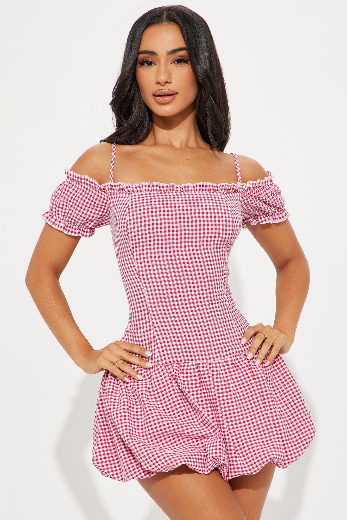 Maggie Gingham Bubble Micro Mini Dress - Red/White Product Image