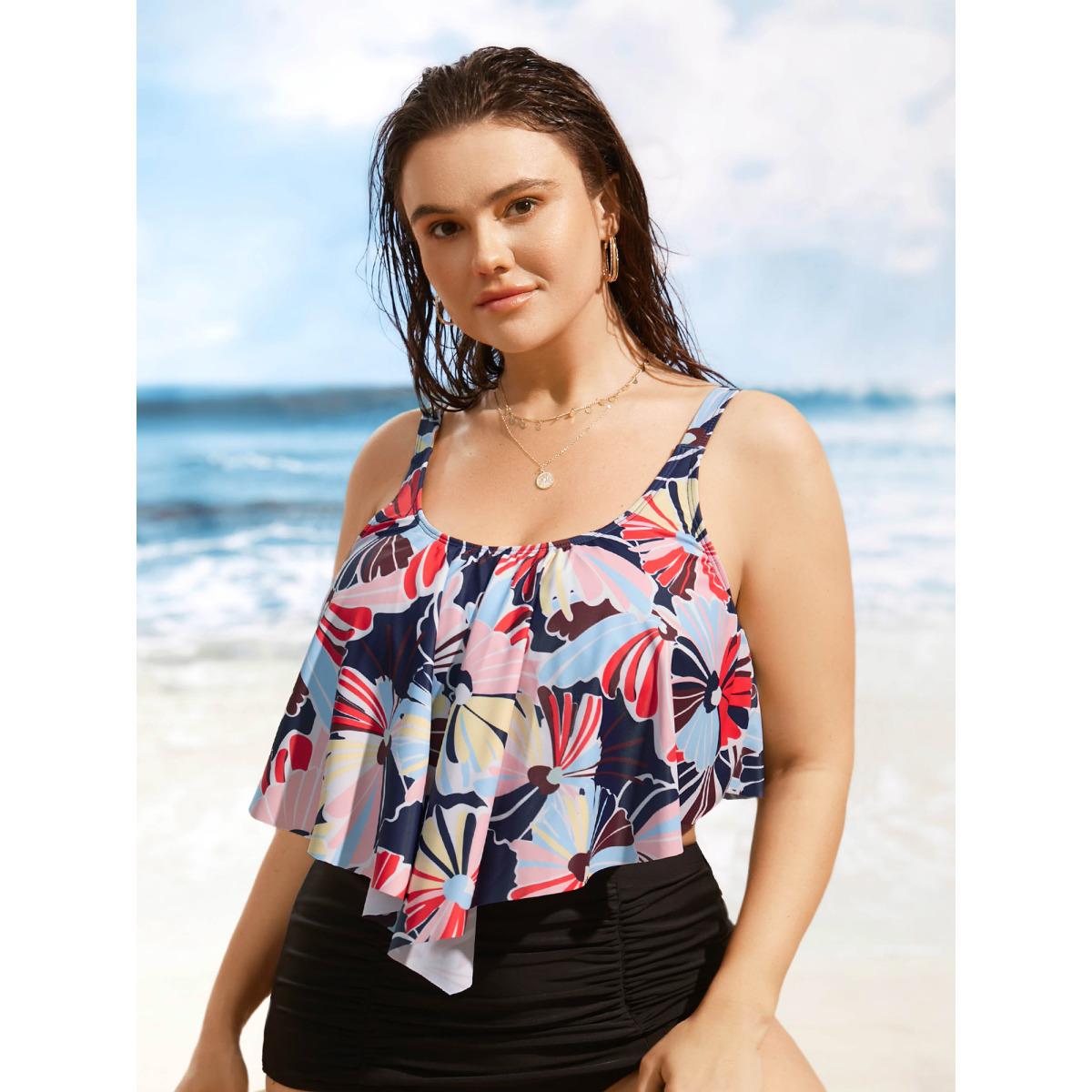 Plus Size U Neck Contrast Floral Tiered Ruffles Swim Top Women's Swimwear Indigo Beach Gathered High stretch Bodycon U-neck Curve Swim Tops BloomChic 30/6X Product Image
