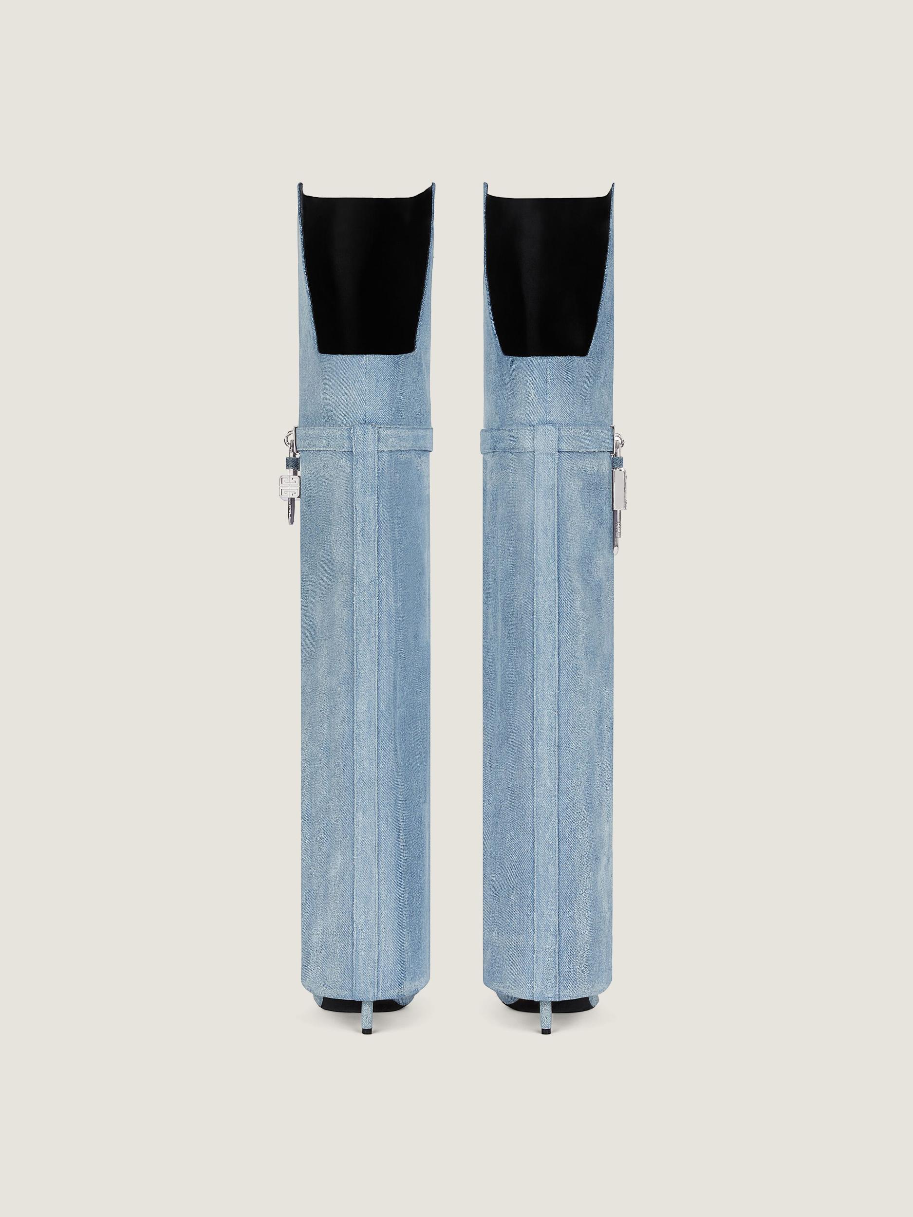 Shark Lock Stiletto over-the-knee boots in washed denim Product Image