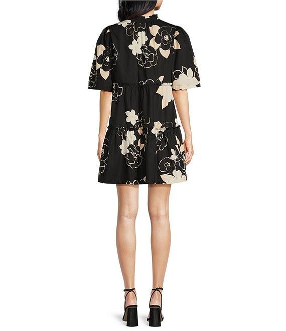 Sugarlips Cairan Rose Dixie Poplin Floral Print V Neck Short Sleeve Drop Waist Dress Product Image