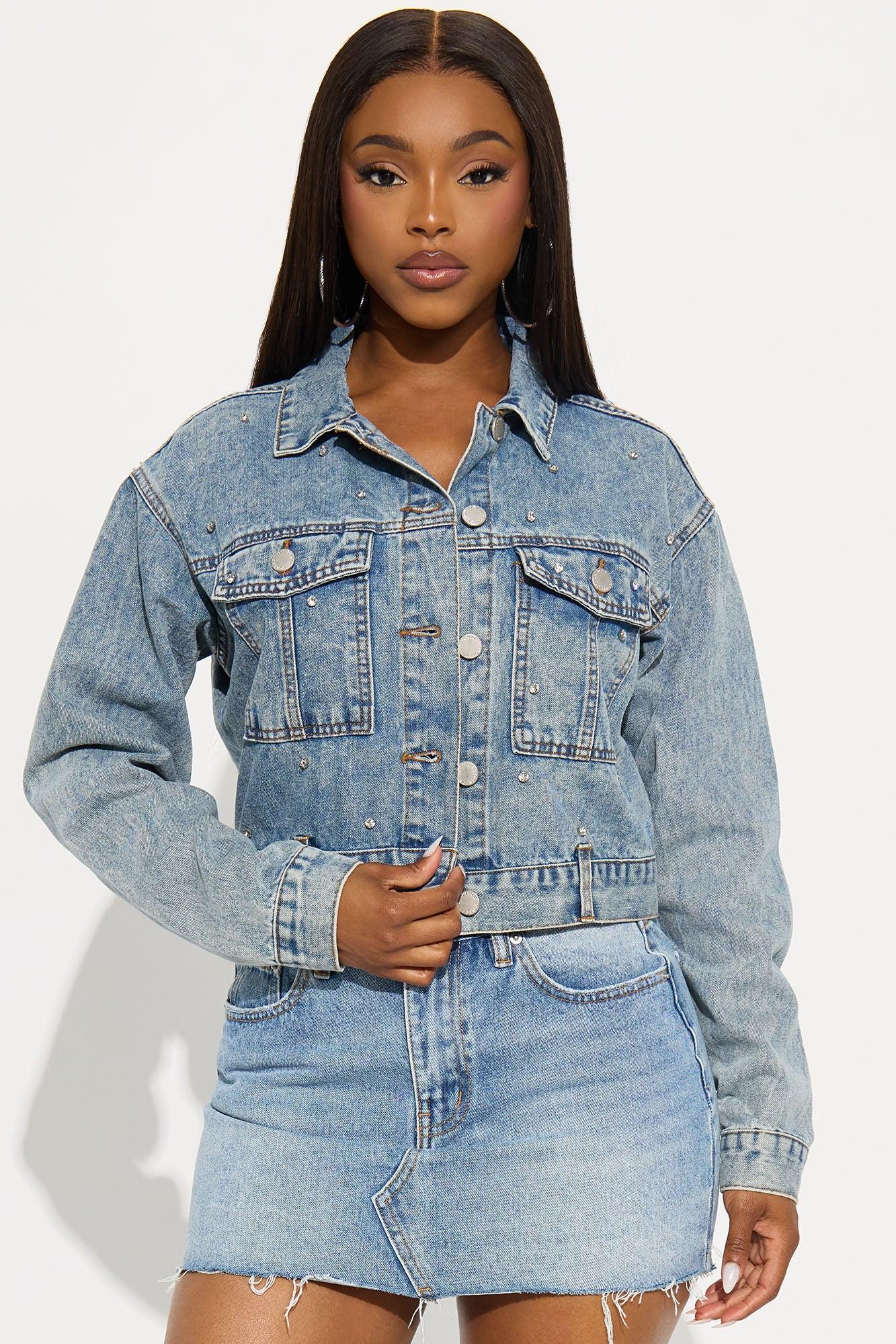 Watch Me Shine Embellished Denim Jacket - Medium Wash Female Product Image