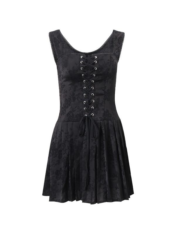 Vintage Flower Print Tie Front Pleated Mini Dress Product Image