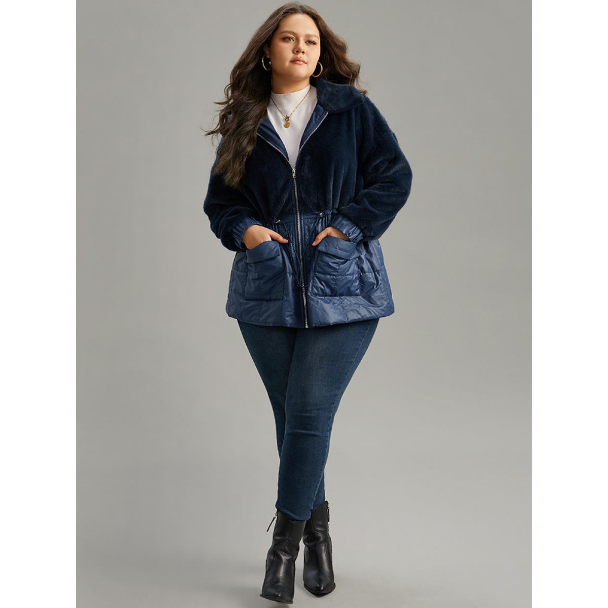 Plus Size Fuzzy Patchwork Zipper Drawstring Coat Women Indigo Casual Plain Ladies Dailywear Winter Coats BloomChic 14-16/1X Product Image