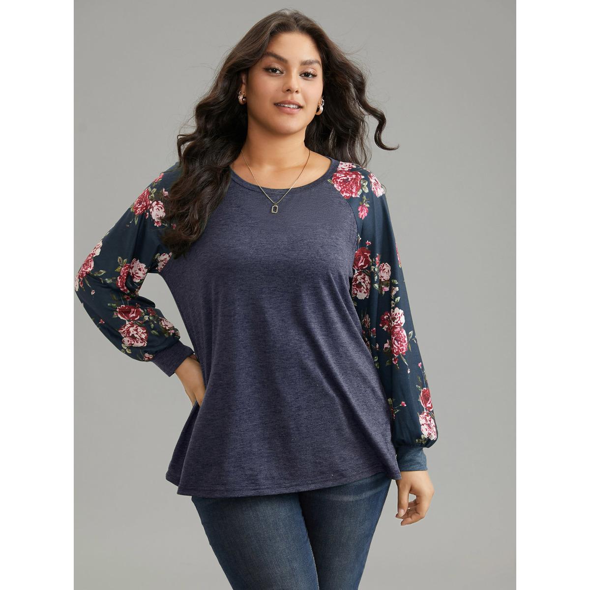 Plus Size Floral Patchwork Crew Neck Raglan Sleeve T-shirt DarkBlue Women Elegant Printed Floral Round Neck Dailywear T-shirts BloomChic 12/L Product Image