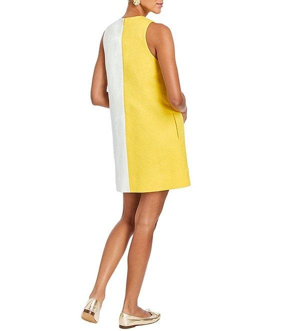 Mestiza New York Etta Floral Swirl Tonal Jacquard Color Block Side Scallop Button Trim Mini Shift Dress Product Image