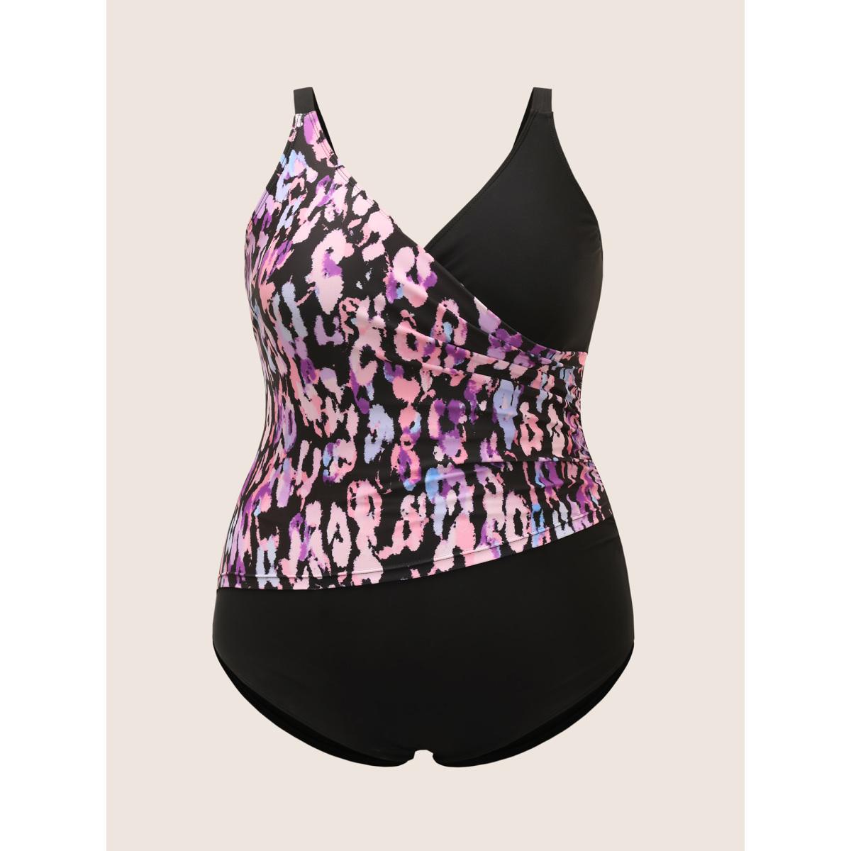 Plus Size Leopard Print Patchwork Gathered One Piece Swimsuit Women's Swimwear Black Beach Overlapping Curve Bathing Suits High stretch One Pieces BloomChic 14-16/1X Product Image